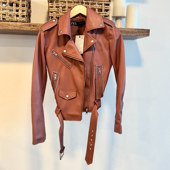 Zara Faux Leather Moto Jacket with Pearl Trim - Picture 1 of 3